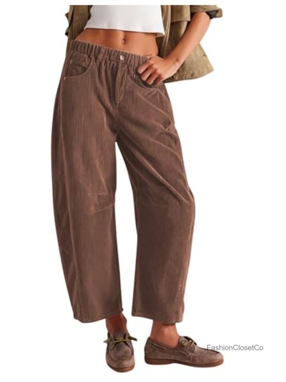 Mid Rise Barrel Corduroy Jeans Wide Leg Cropped Ankle Pants with Pockets